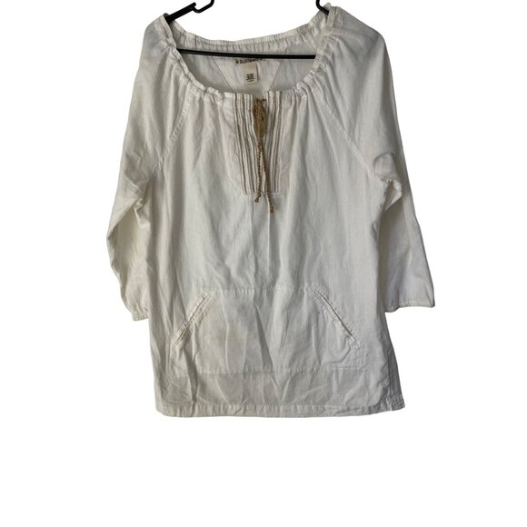 Ruff Hewn Blouse Womens Large Ivory Cotton Linen Boho Tie Neckline Tan Accents - Picture 1 of 8
